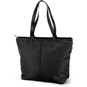 A black tote bag with two handles and a zip closure, featuring a small logo on the side.