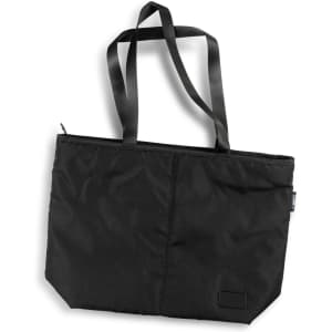 A black tote bag with long handles and a zippered top, featuring a simple design and a logo.