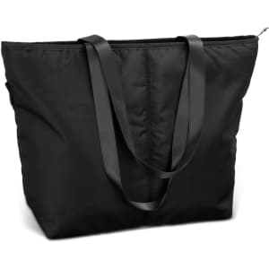 A black tote bag with two long handles and a zip closure, featuring a simple, sleek design.