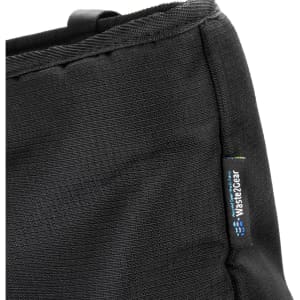 A black cooler with a textured surface, featuring a logo on the side.