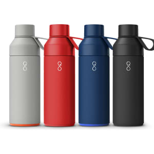 A drink bottle collection featuring grey, red, navy, and black vacuum bottles, each with a carrying handle and a logo.