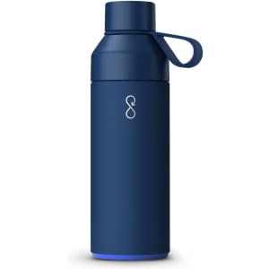 A drink bottle in dark blue with a screw-on lid and a carrying loop, featuring a logo.