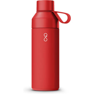 A drink bottle in a vibrant red colour with a sleek design and a handle. It features a logo on the front.