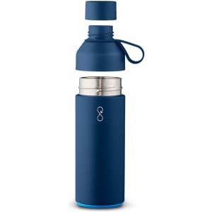 A drink bottle in navy blue with a screw-top lid and a removable cap. It features a logo.