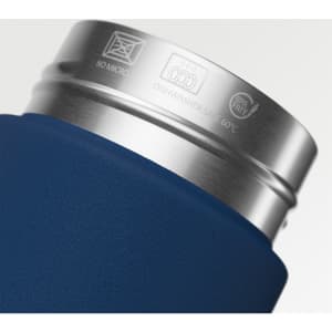 A drink bottle featuring a navy blue body and a stainless steel rim, with an embossed logo.