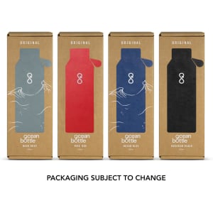 A drink bottle collection featuring four colours: Rock Grey, Fire Red, Ocean Blue, and Obsidian Black, each in a box with a logo.