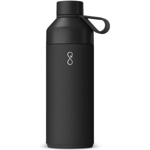 A drink bottle in matte black with a secure lid and a handle, featuring a logo.