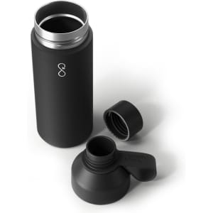 A drink bottle in matte black with a removable lid and spout, featuring a logo on the body.