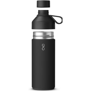 A drink bottle in matte black with a screw-on lid and a removable top. It features a logo on the body.