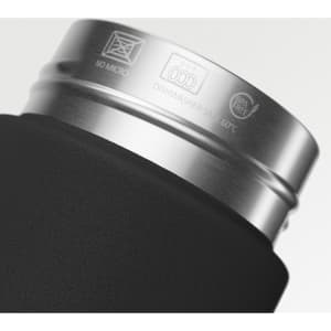 A drink bottle with a black body and a stainless steel lid, featuring a logo and care instructions.