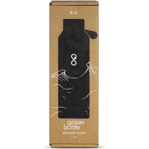 A drink bottle in obsidian black, displayed in a kraft cardboard box with a logo.
