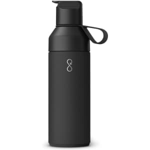 A drink bottle in matte black with a spout lid and a logo, featuring a sleek, modern design.
