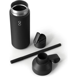 A drink bottle in matte black with a removable lid, straw, and attached cap, featuring a logo.