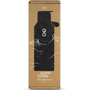A drink bottle in obsidian black, packaged in a brown box with a logo and wave designs.