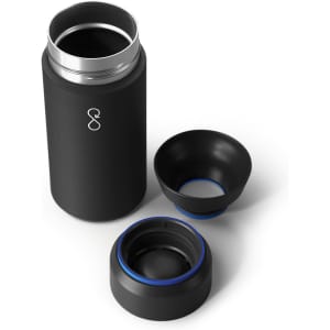 A drink bottle in black with a stainless steel interior, featuring removable components and a logo design.