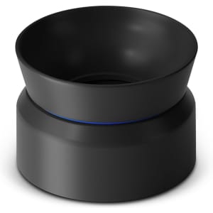 A drink bottle in sleek black with a curved design and a blue accent, featuring a logo.