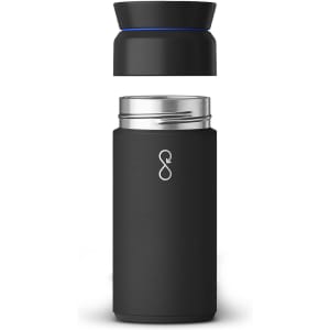 A drink bottle in matte black with a silver stainless steel interior and a separate black lid. Features a logo.