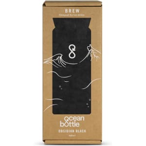 A drink bottle in obsidian black, packaged in a brown box featuring wave designs and a logo.