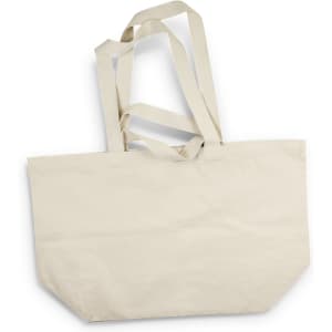 A large, beige tote bag with two long handles and a spacious interior. It features a simple design and has a logo.