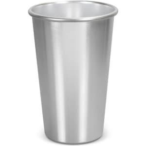 A drink cup in metallic silver with a smooth finish and a branding logo. Suitable for various beverages.