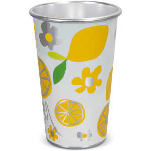 A plastic cup featuring a vibrant design with yellow lemons, flowers, and leaves on a light background.