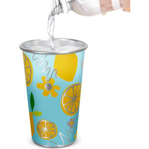 A drink cup featuring a blue design with yellow fruits and flowers, with a silver rim. It has a logo.