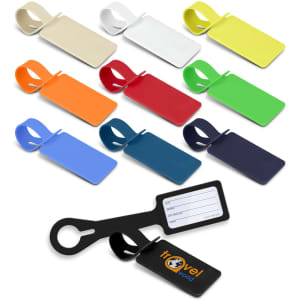 A selection of silicone luggage tags in various colours, including blue, green, red, orange, and more, with a black tag featuring a logo.