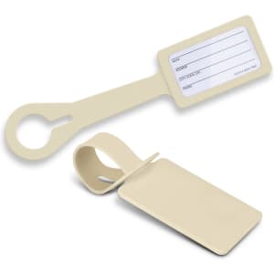 A beige silicone luggage tag featuring a blank information card and a circular attachment loop.