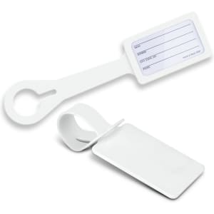 A white silicone luggage tag featuring a blank label for personal details and a loop for attachment.