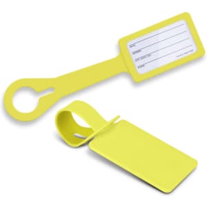 A bright yellow silicone luggage tag with a slot for personal information and a circular attachment loop.