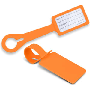 An orange silicone luggage tag set including a loop and a removable identification card section.