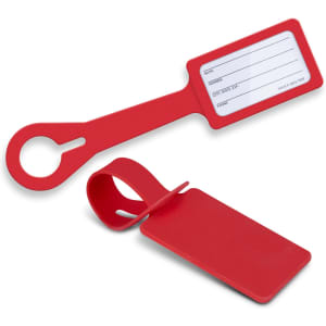 A red silicone luggage tag with a rectangular label holder and an attached strap.