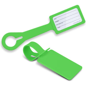 A bright green silicone luggage tag featuring a blank information panel and a loop for attachment.