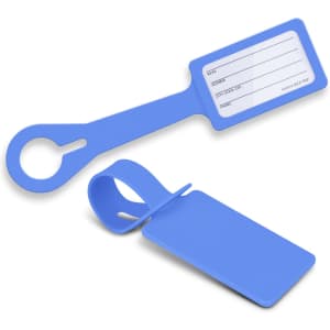 A blue silicone luggage tag with a loop, featuring a blank identification area and a cardholder.