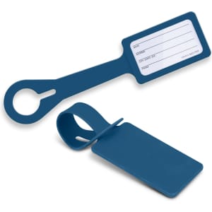 A blue silicone luggage tag features a contact information area and a loop for attachment. It includes a logo.