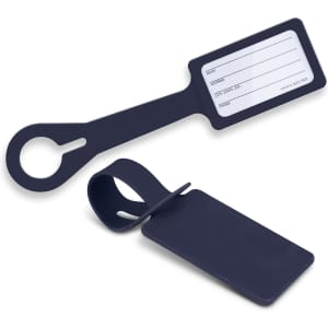 A navy silicone luggage tag featuring a loop handle and a clear identification area. It includes a branding logo.