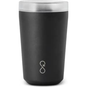 A drink bottle in matte black with a clear lid and a logo featured on the front. Ideal for hot or cold beverages.