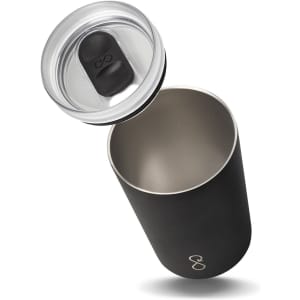 A drink bottle with a matte black finish and a clear lid, featuring a logo on the side.