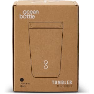 A drink bottle in an obsidian black colour, packaged in a brown box with a logo. It is a vacuum tumbler.