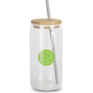 A glass tumbler with a bamboo lid and stainless steel straw, featuring a green logo design.