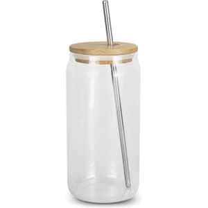 A glass tumbler with a clear body, bamboo lid, and stainless steel straw, showcasing a sleek and modern design.