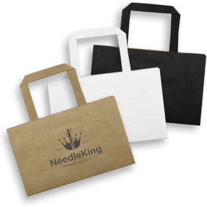 A set of three small flat handle paper bags in black, white, and brown with a logo on the front.