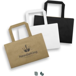 A set of small flat handle paper bags in brown, white, and black, each featuring a logo.