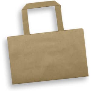 A small flat handle paper bag in a natural brown colour with a simple design and two handles.