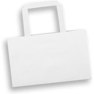A white small flat handle paper bag with a landscape orientation, featuring plain design and handles.