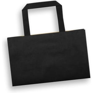 A small flat handle paper bag in black, featuring a landscape orientation and sturdy handles.