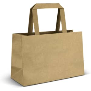 A small flat handle paper bag in a brown kraft colour, featuring two sturdy handles and a rectangular shape.