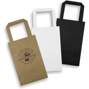A set of three small flat handle paper bags in black, white, and brown, each with a logo printed on them.