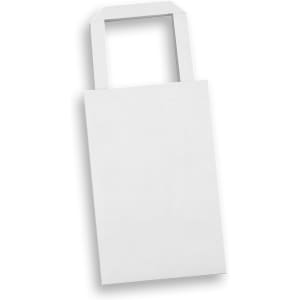 A small flat handle paper bag in white with a handle and a simple design. It features a logo.