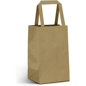 A small flat handle paper bag in a natural brown colour with an open top and two upright handles.